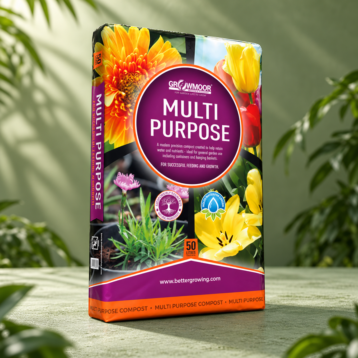 Growmoor Multi Purpose Compost in a green product setting