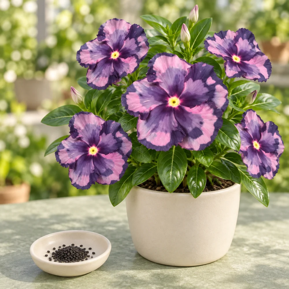 Generated illustration of Camouflage With Eye vinca flowers beside a dish of seeds