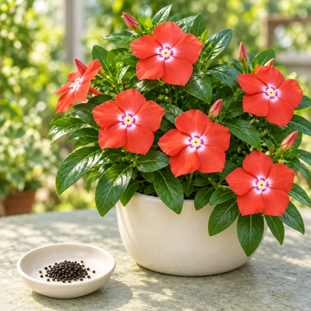 Mandarin Oren vinca flowers beside a dish of seeds