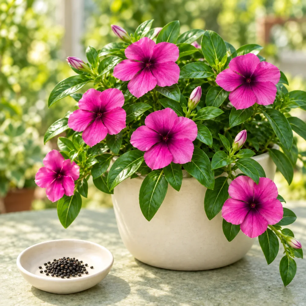 Purple Lace vinca flowers beside a dish of seeds