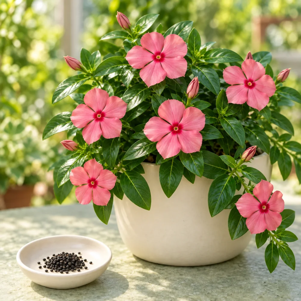 Salmon Red Eye vinca flowers beside a dish of seeds