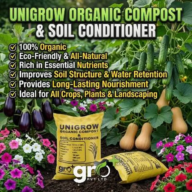 Unigrow Organic Compost & Soil Conditioner — Bagged organic compost and soil conditioner with printed nutrient analysis panel